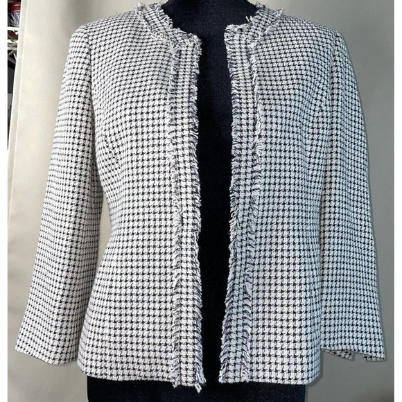 Talbots‎ Blue & Ivory Striped Fringe Trim Blazer Jacket Open Viscose Cotton 4 - Picture 1 of 7